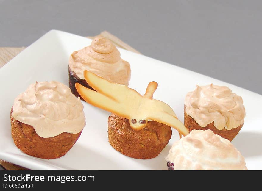 Cup cake dessert with egg merengue with libella decoration. Cup cake dessert with egg merengue with libella decoration