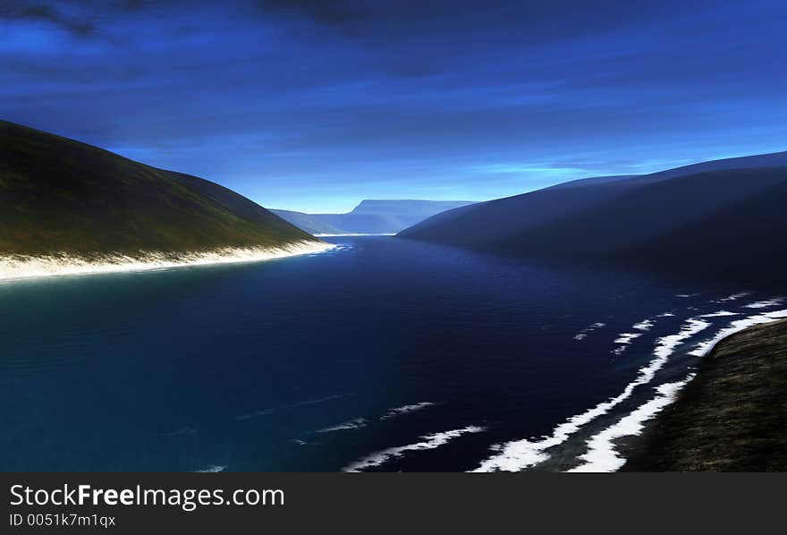 A digital view of a beach with breaking waves...