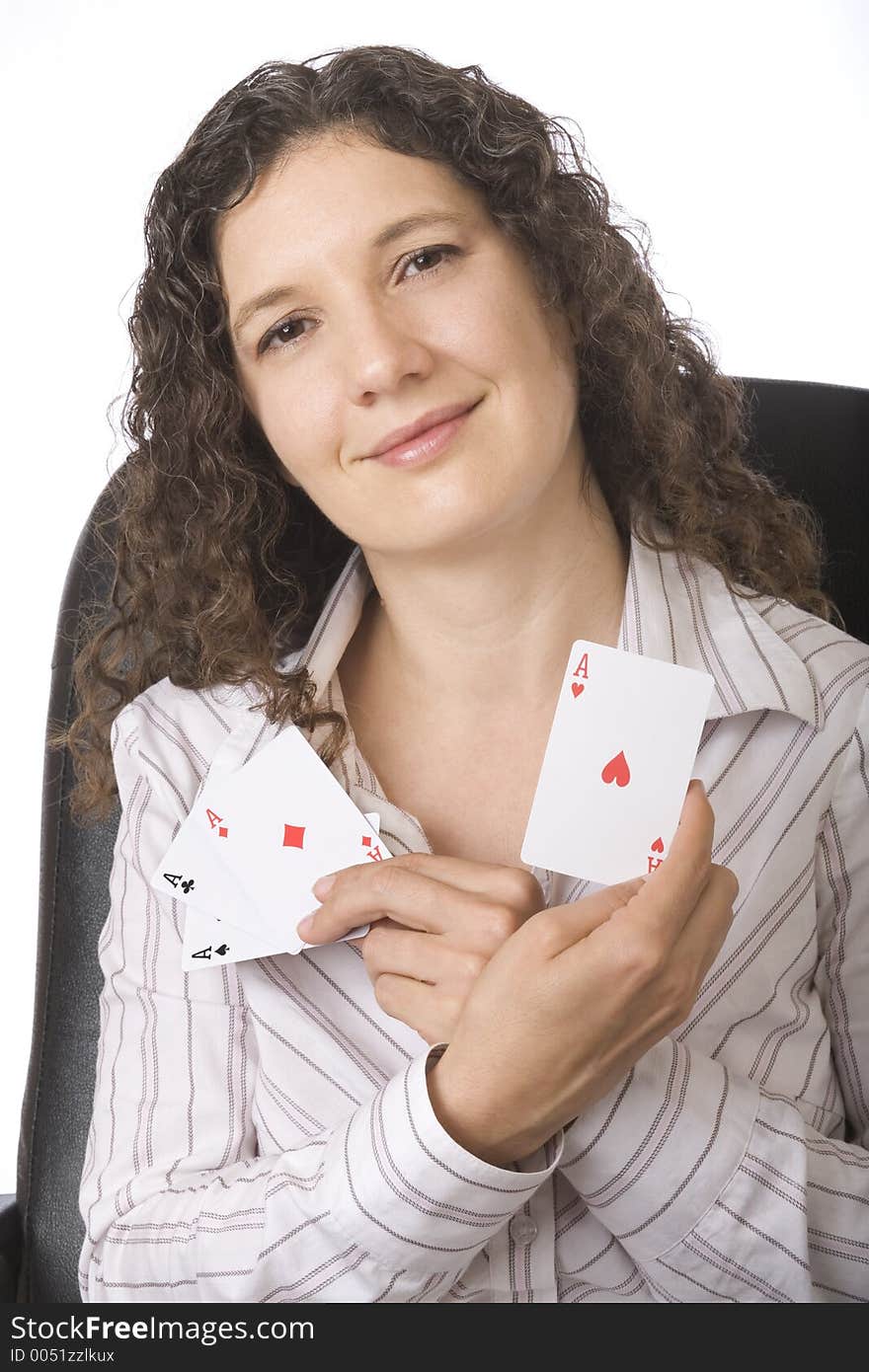 Businesswoman, queen of hearts, is holding a heart ace