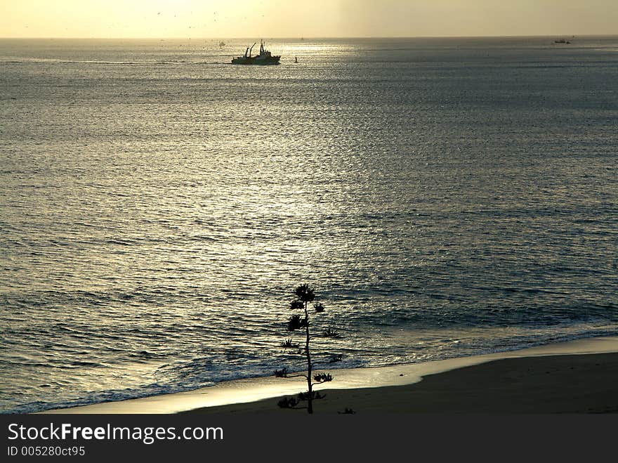 Boats fishing and beach at sunset