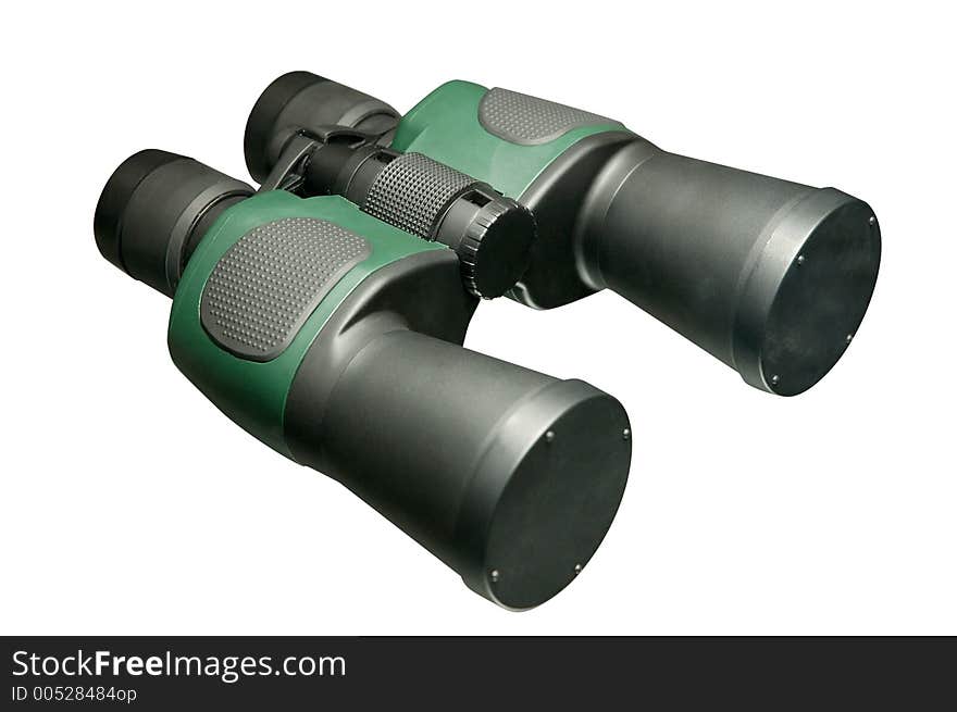 Black binoculars zoom lenses isolated close-up