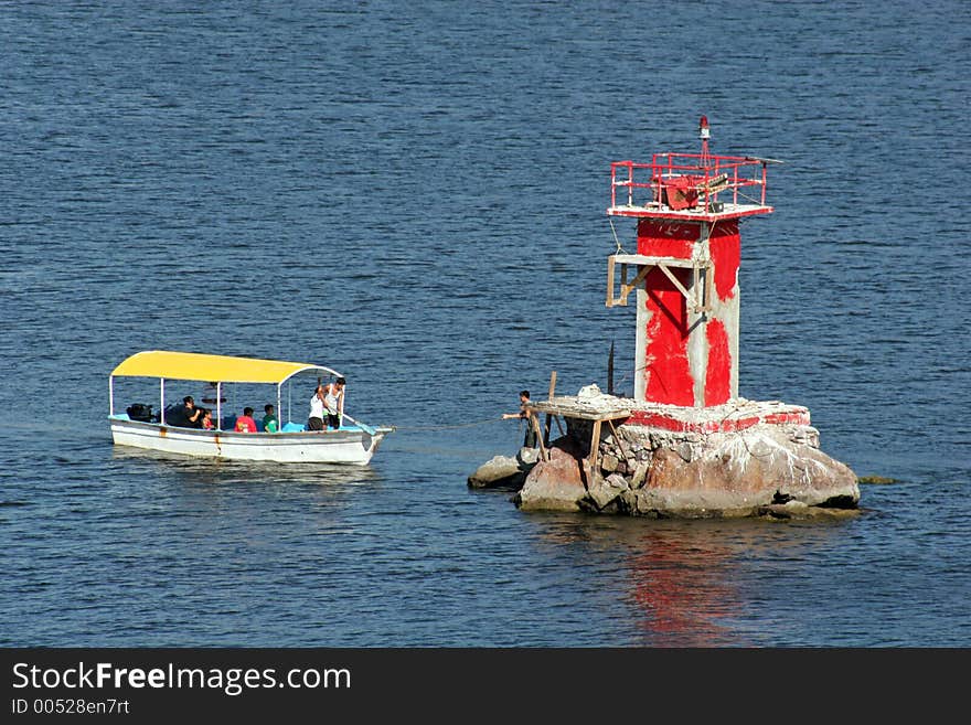 Boat steering into warning marker. Boat steering into warning marker