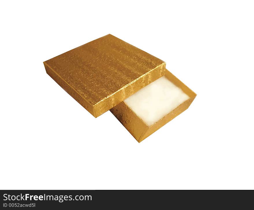 Empty gold foil gift box isolated on white  background.