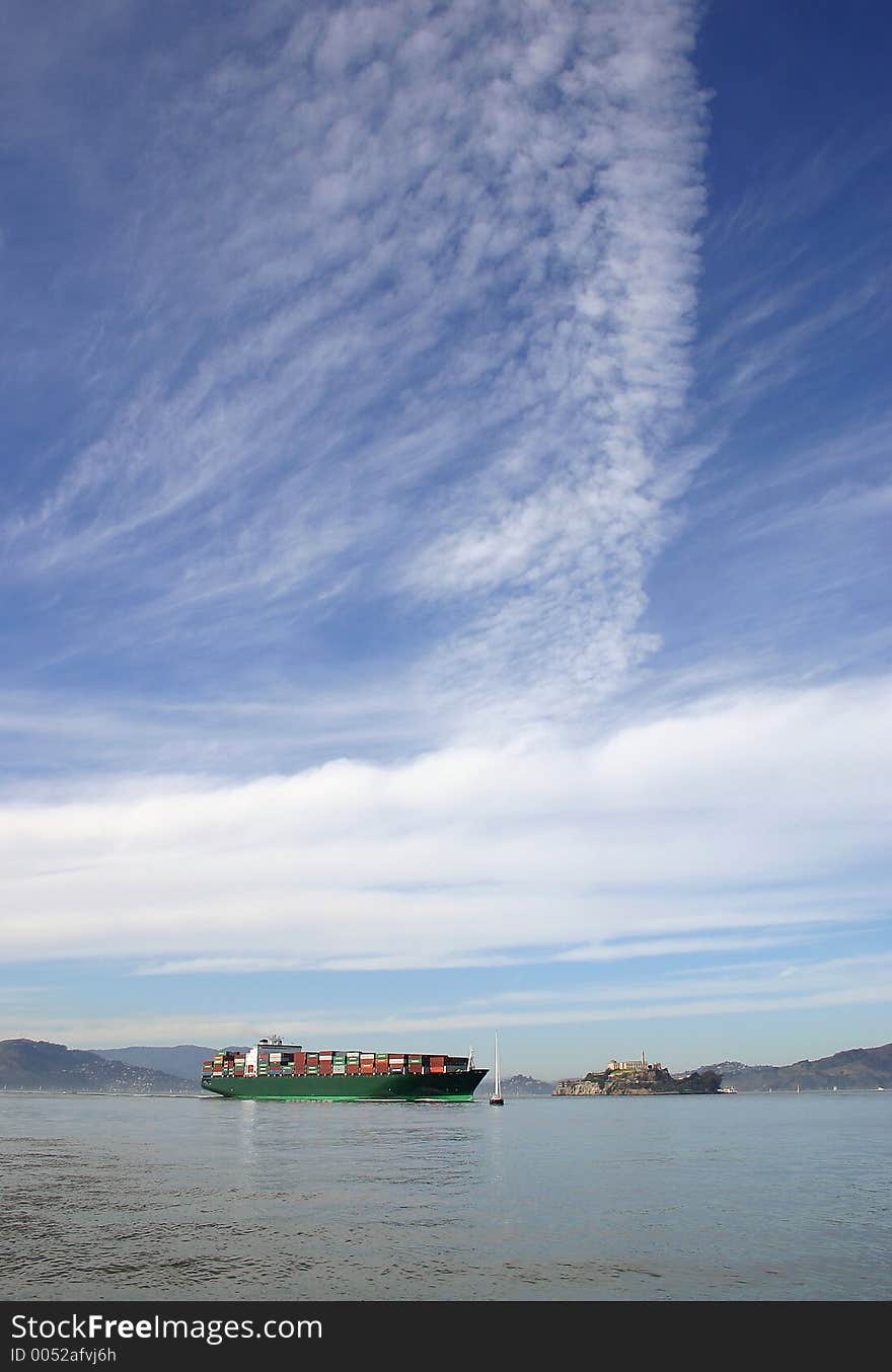 View of the bay and big ship. View of the bay and big ship.