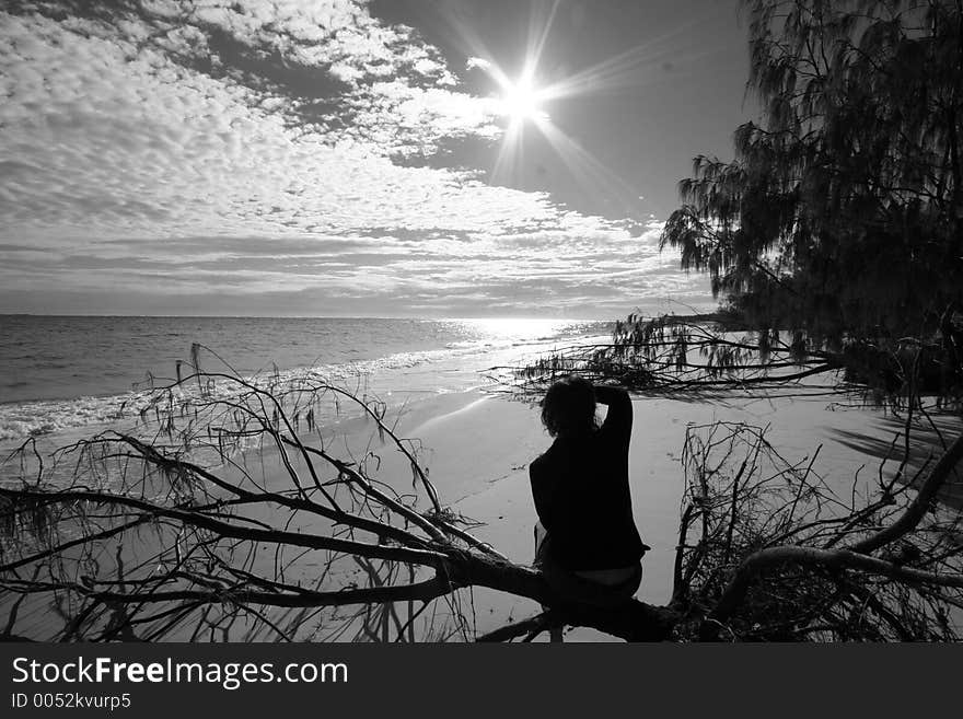 A photo of my beautiful mother, sitting on driftwood washed ashore on the beach, looking at the rising sun. Location: Stradbroke Island, Queensland, Australia. Photographer: Crystal Venus.
