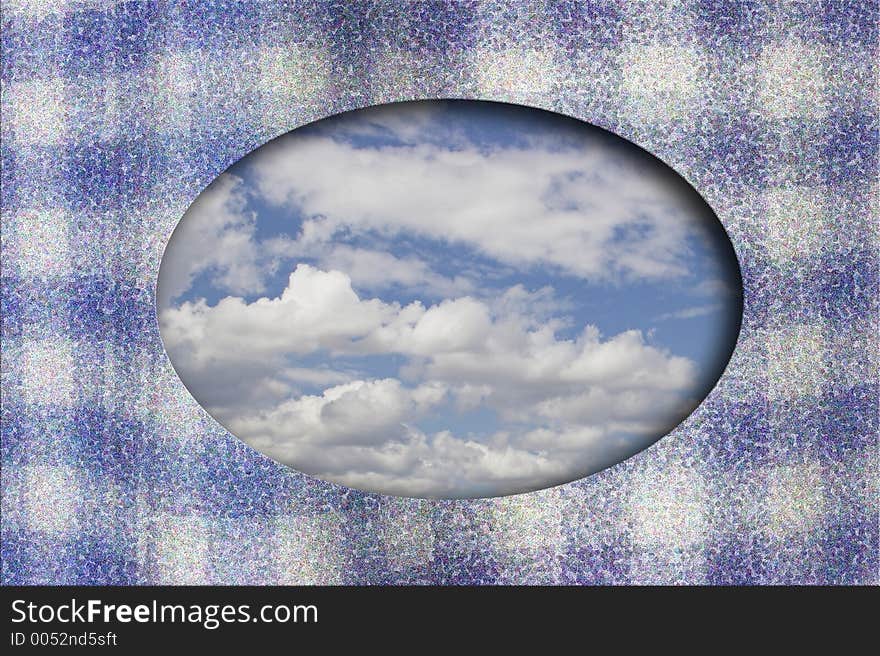 Clouds  in ellipse frame around it rough checked cotton fabric texture, the colors are white and light blue. Clouds  in ellipse frame around it rough checked cotton fabric texture, the colors are white and light blue