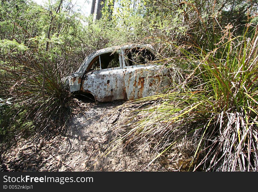 A vintage abandoned car wreck which had crashed into a tree and appears to have bullet holes in the car doors. Location: Wielangta National Park, Tasmania, Australia. A vintage abandoned car wreck which had crashed into a tree and appears to have bullet holes in the car doors. Location: Wielangta National Park, Tasmania, Australia.