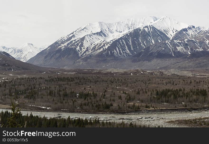 Spring view of Black Rapids glacier moraine