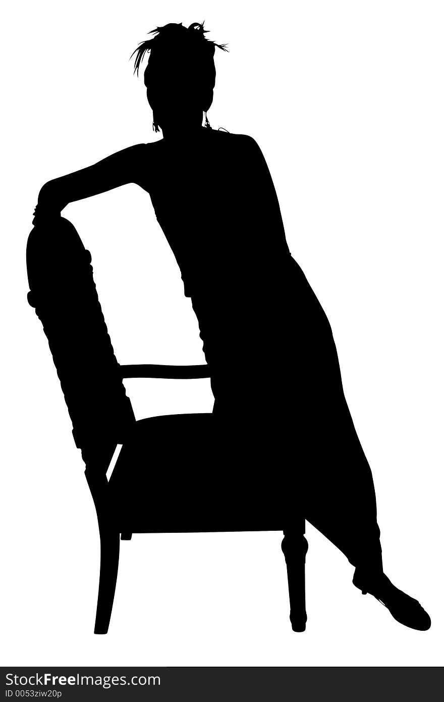 Silhouette over white with clipping path. Woman leaning on chair. Silhouette over white with clipping path. Woman leaning on chair.