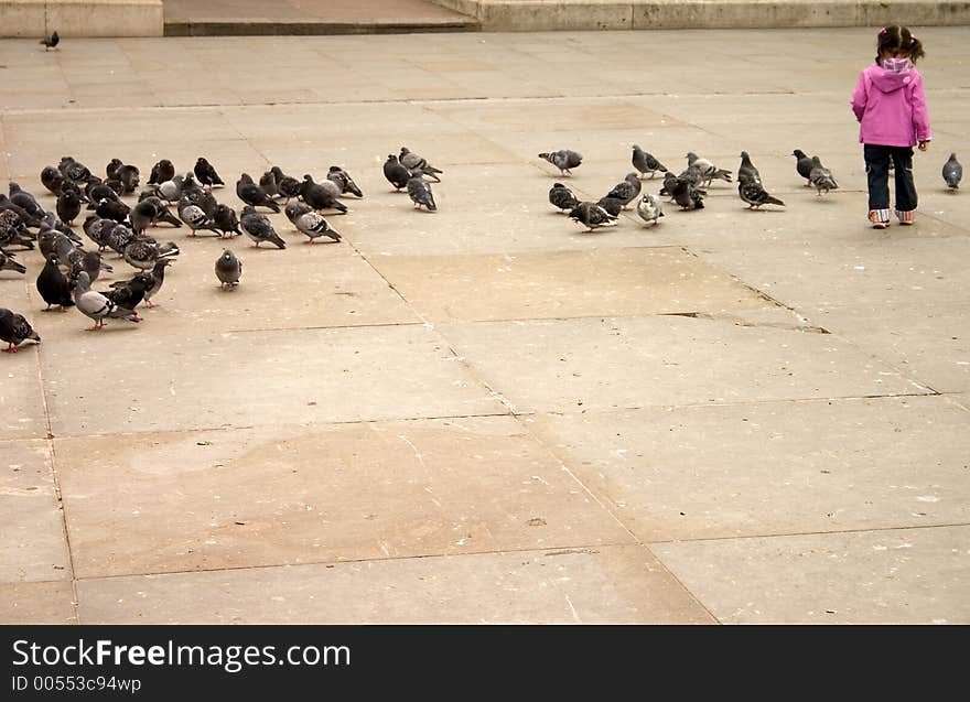 Young girl chasing pigeons