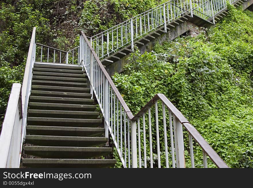 Step steps go up the side of a hillside full of green vegetation. Step steps go up the side of a hillside full of green vegetation.