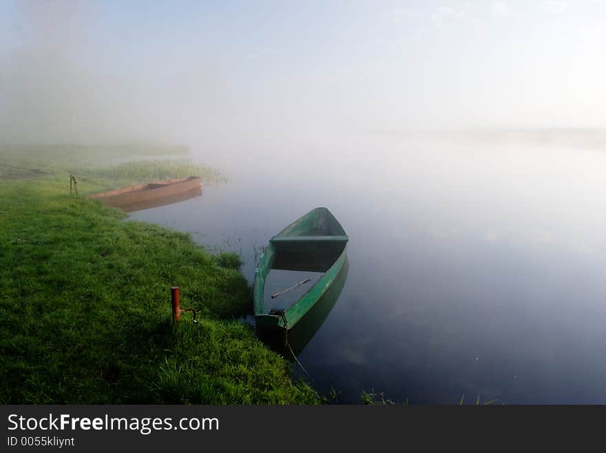 Early morning fog and fishing boat. Early morning fog and fishing boat