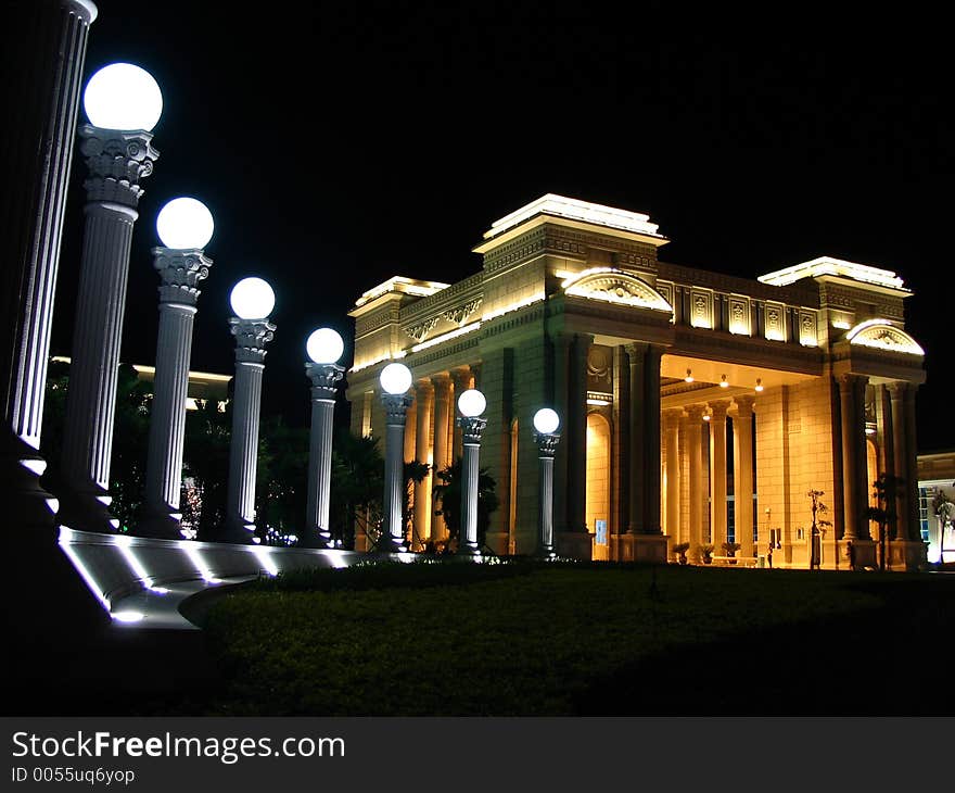 Nice Building at Night bellow a full moon, Quanzhou, China