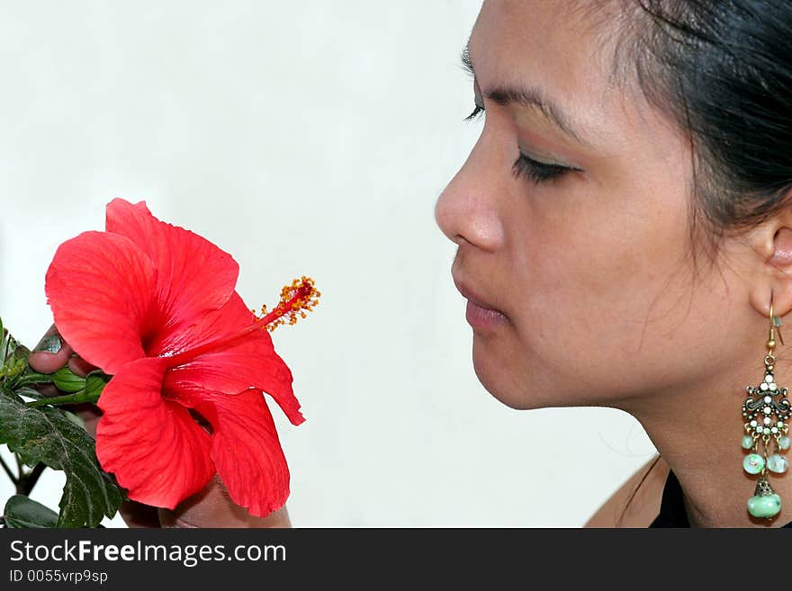 A young asian girl looking at the red flower. A young asian girl looking at the red flower