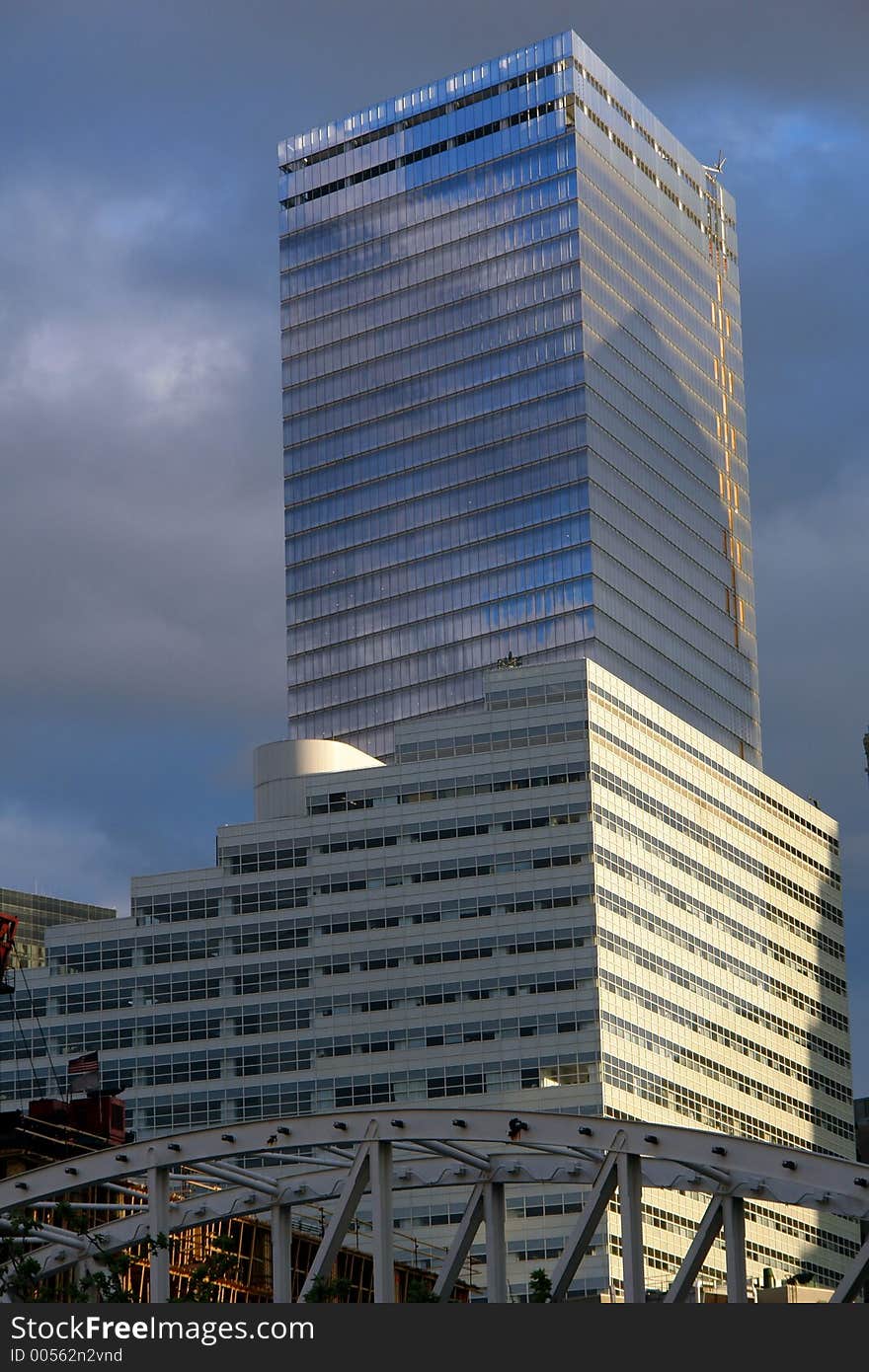 New manhattan office building at dusk - wtc area re-building. New manhattan office building at dusk - wtc area re-building
