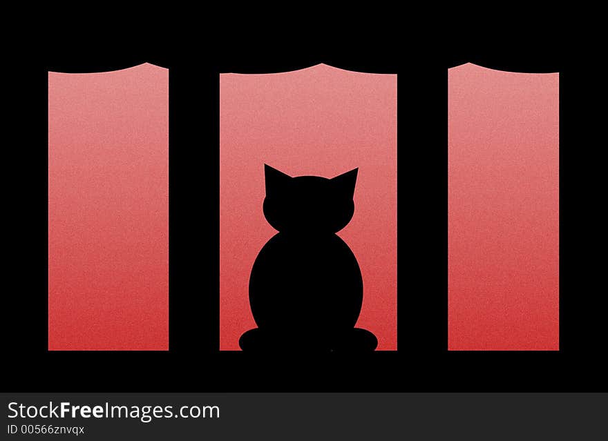 An illustration of a cat sitting on a window sill looking out into a red snowy background. An illustration of a cat sitting on a window sill looking out into a red snowy background