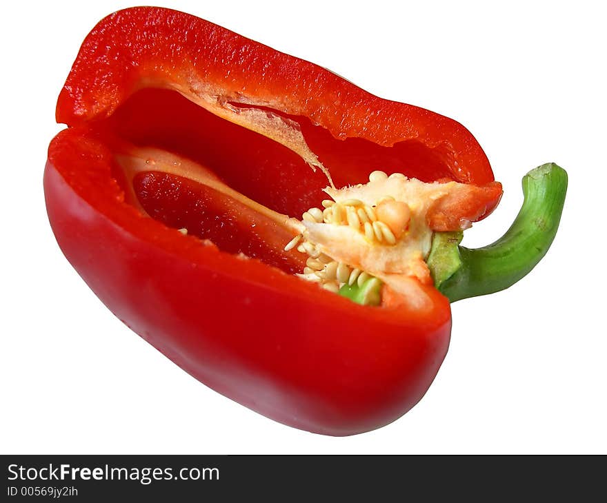 Isolated half cut yellow pepper on a white background. Isolated half cut yellow pepper on a white background