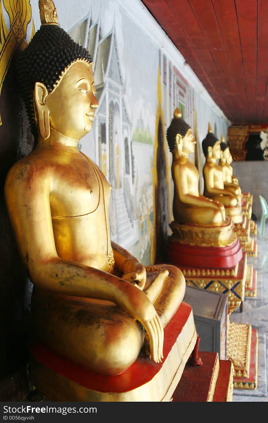 A series of Buddha figures in a Thai temple.