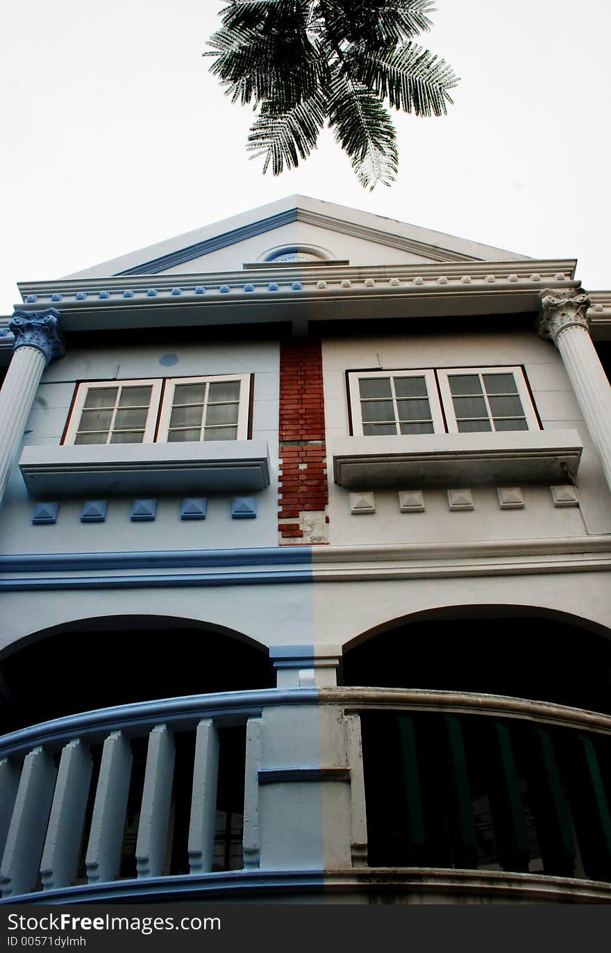 Blue and white stone home