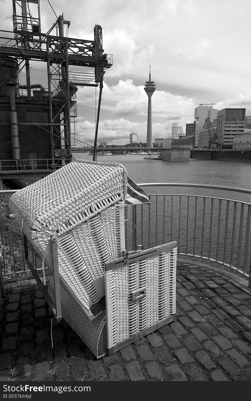 Beach bench (Strandkorb) in central Dusseldorf, Germany in Black & White, Media Hafen