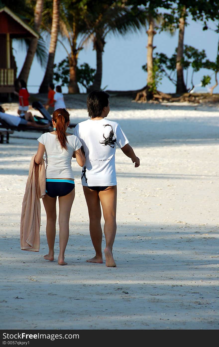 Copule Strolling On Beach