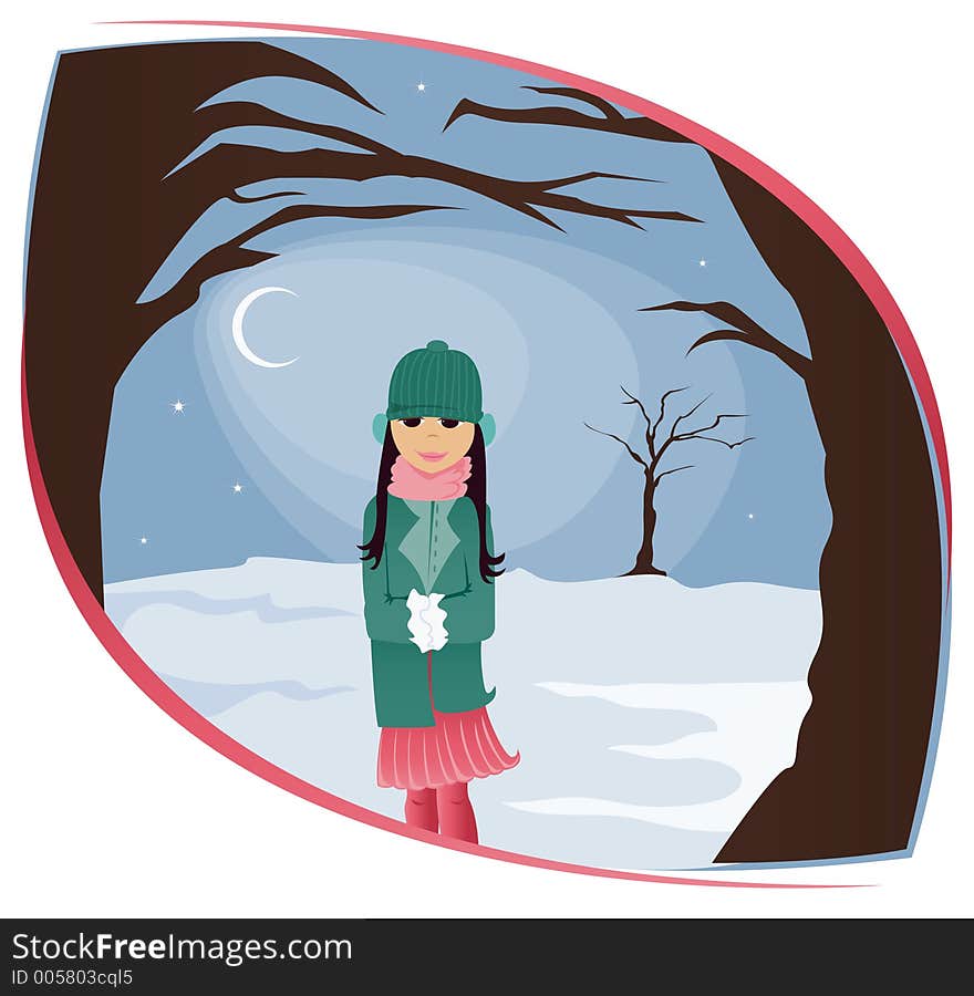 Girl bundled up and standing out in the snow, treese and night sky in the background. Girl bundled up and standing out in the snow, treese and night sky in the background