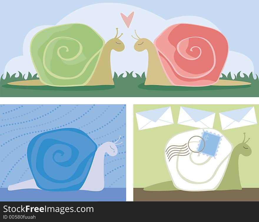 Three scenes featuring snails, including: two snails in love, sad snail in blue and snail mail complete with postage stamp and envelope background. Three scenes featuring snails, including: two snails in love, sad snail in blue and snail mail complete with postage stamp and envelope background