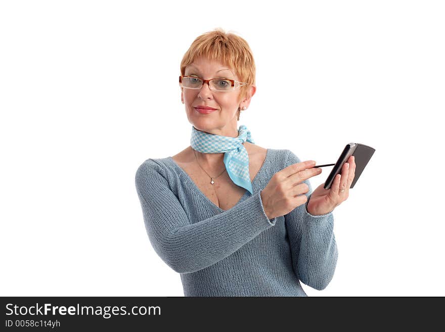 Attractive mature woman using handheld