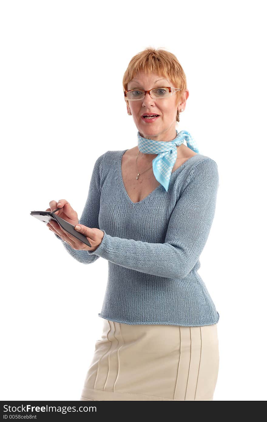 Attractive mature woman using handheld