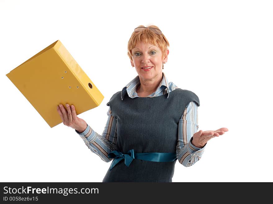 Portrait of a beautiful mature businesswoman holding yellow binder. Portrait of a beautiful mature businesswoman holding yellow binder