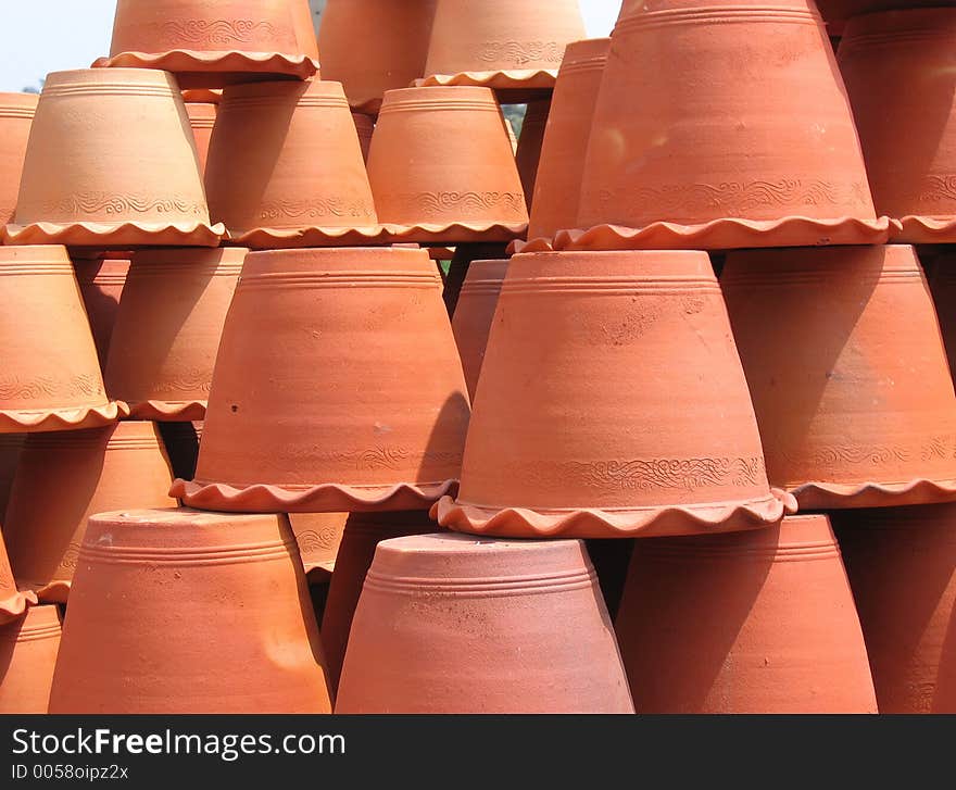 Clay flower pots upside down