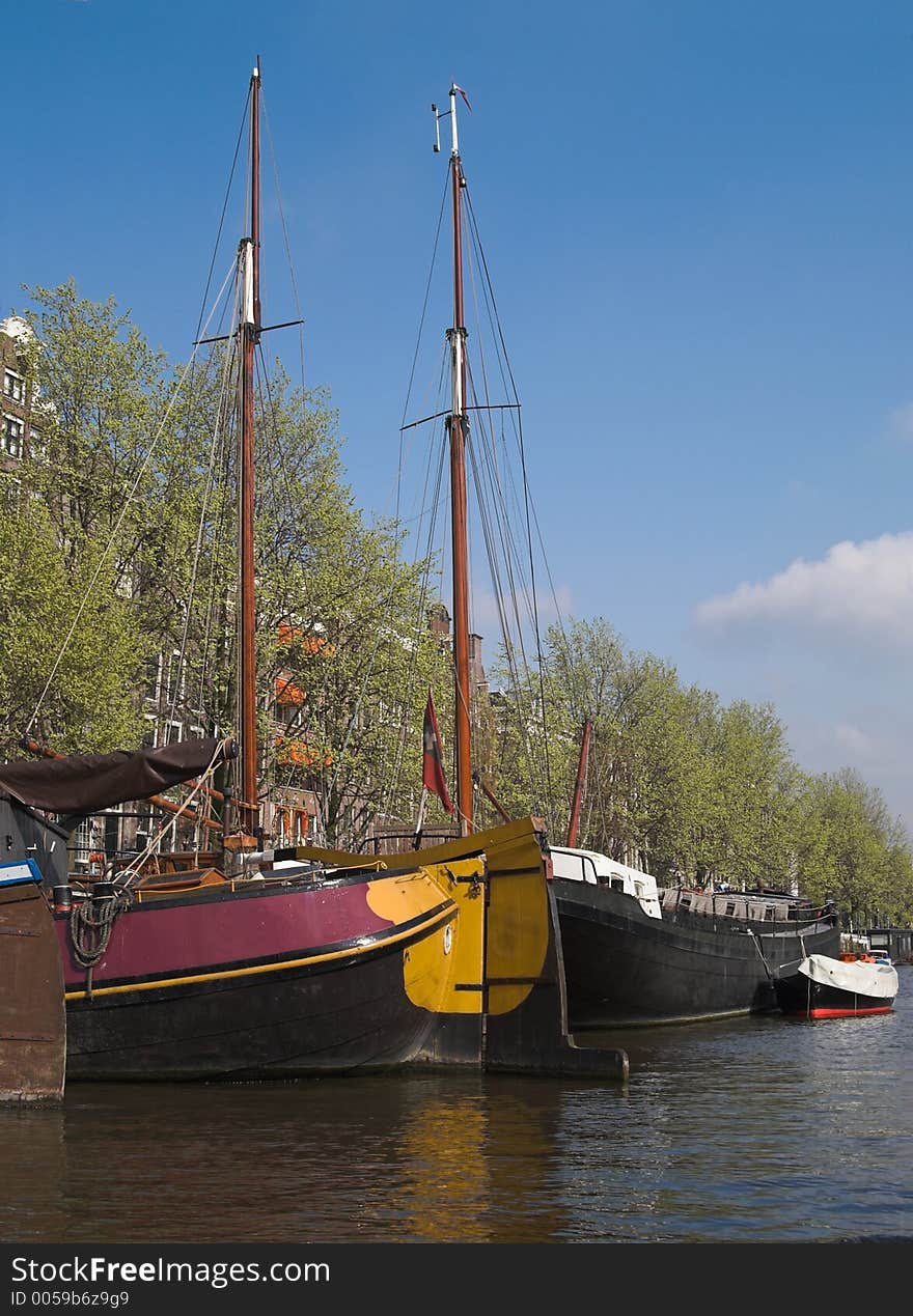 Yachts In City Canal, Amsterdam, Netherlands