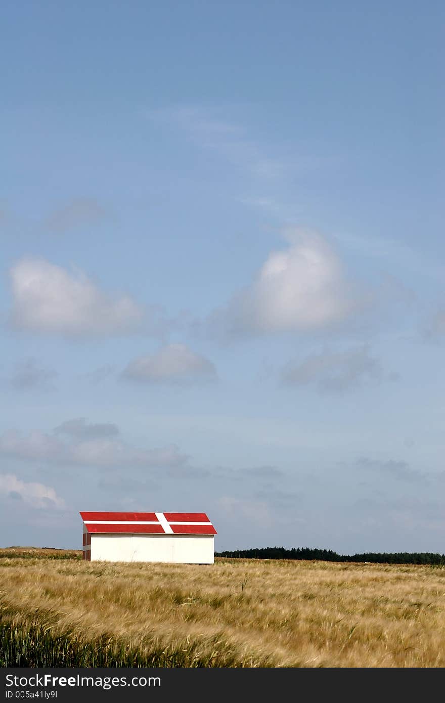 In the country nearby  a danish village in the summer a house with the danish flag on the roof, wind blowing across the fields. In the country nearby  a danish village in the summer a house with the danish flag on the roof, wind blowing across the fields