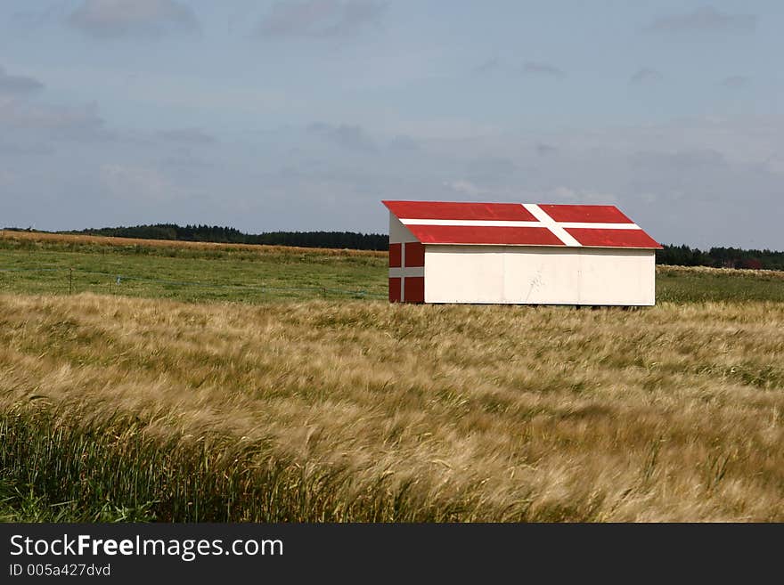 In the country nearby  a danish village in the summer a house with the danish flag on the roof. In the country nearby  a danish village in the summer a house with the danish flag on the roof