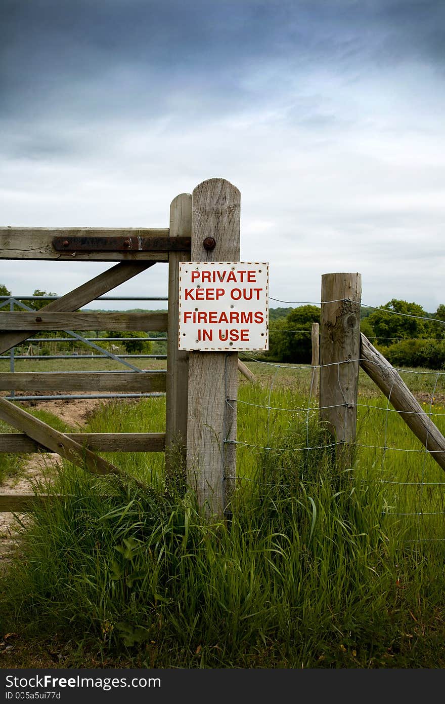 Private keep out, firearms in use warning sign