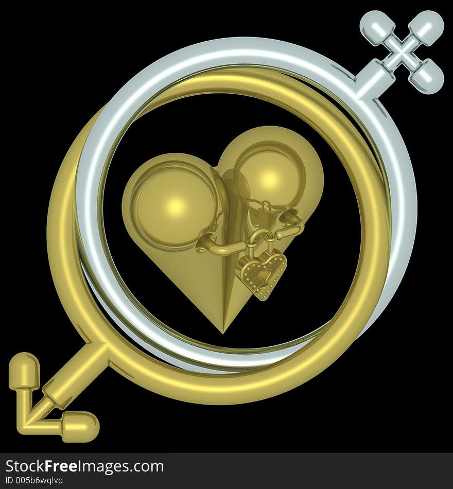 Symbol of golden feminine masculine and and heart. Symbol of golden feminine masculine and and heart