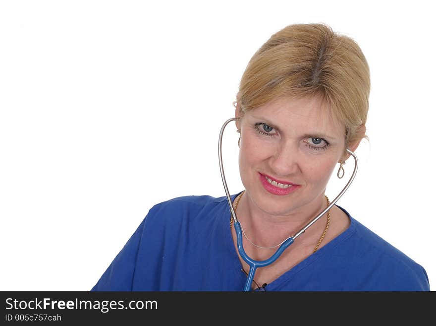 Headshot photo of beautiful nurse or doctor with stethoscope. Headshot photo of beautiful nurse or doctor with stethoscope