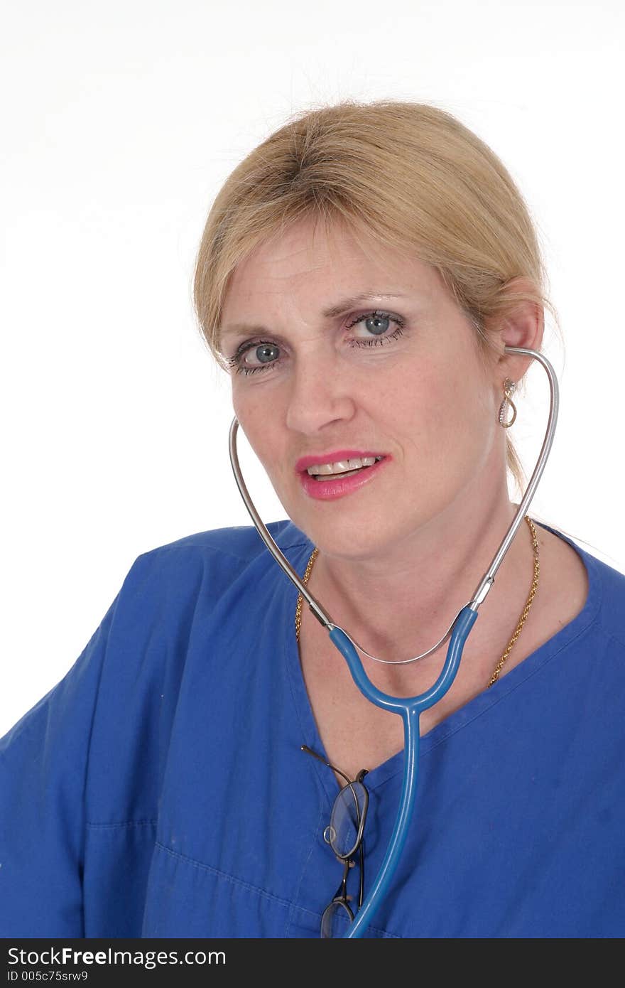 Headshot photo of beautiful nurse or doctor with stethoscope and glasses. Headshot photo of beautiful nurse or doctor with stethoscope and glasses