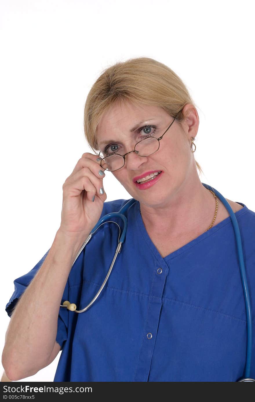 Headshot photo of beautiful nurse or doctor wearing glasses with stethoscope. Headshot photo of beautiful nurse or doctor wearing glasses with stethoscope