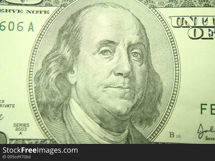 Benjamin franklin on a united states one hundred dollar bill. Benjamin franklin on a united states one hundred dollar bill