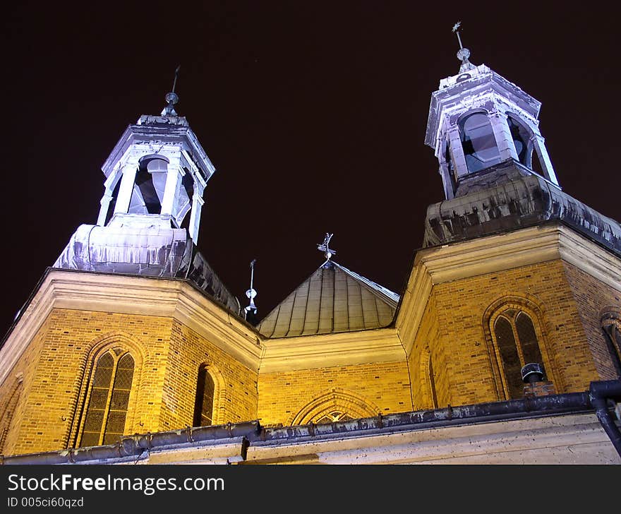 Church at night in poznan city