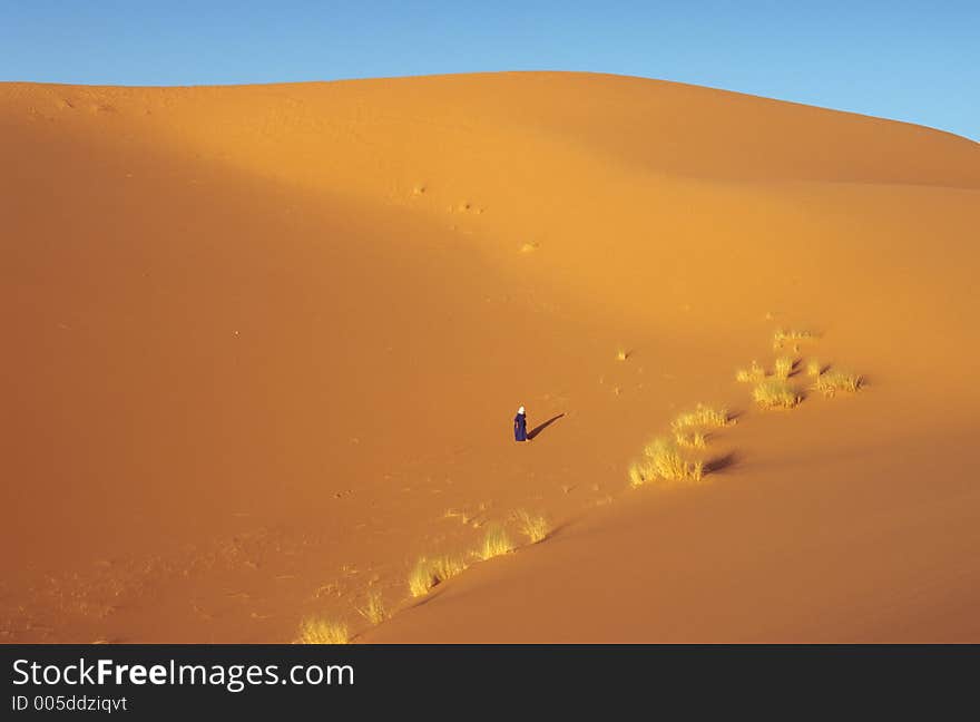 Walking alone among Saharan dunes. Walking alone among Saharan dunes