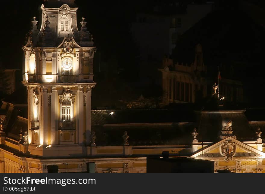 A view of the one old building at night. A view of the one old building at night