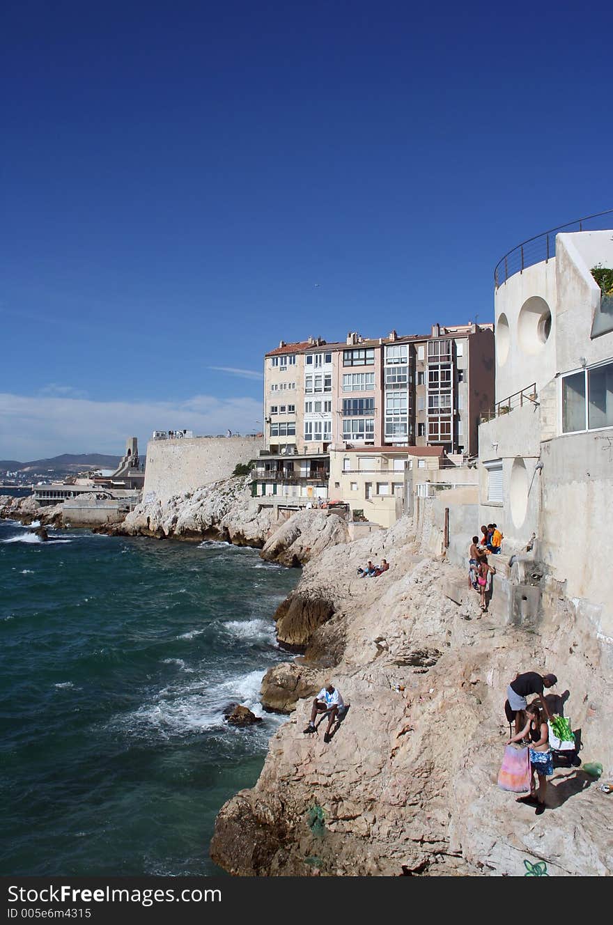 Rocks used for bathing and relaxing by marseille youth, france. Rocks used for bathing and relaxing by marseille youth, france