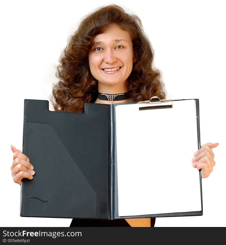 Business woman holding a file folder isolated