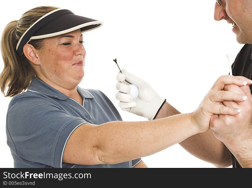 Couple fighting over golf equipment