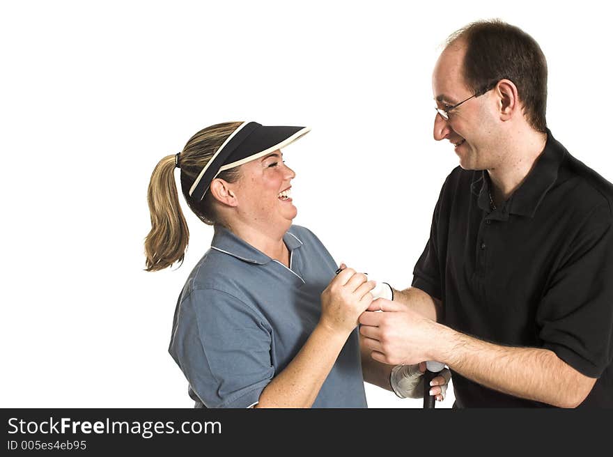 Couple laughing over white