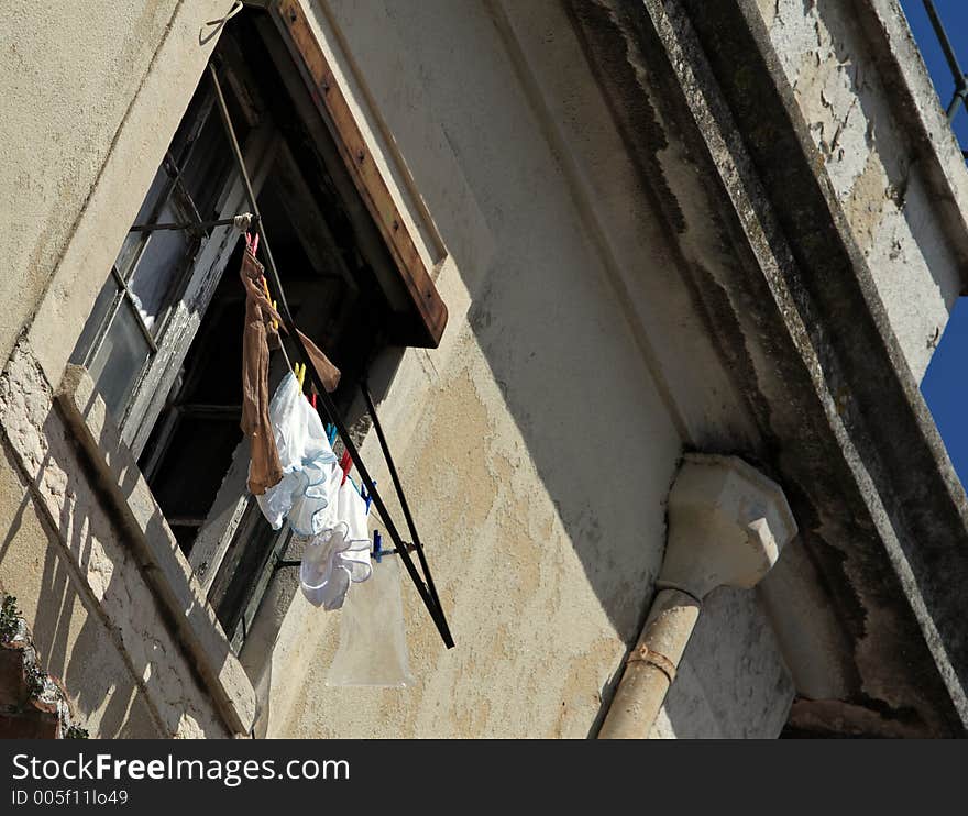 Washing hanging from the window