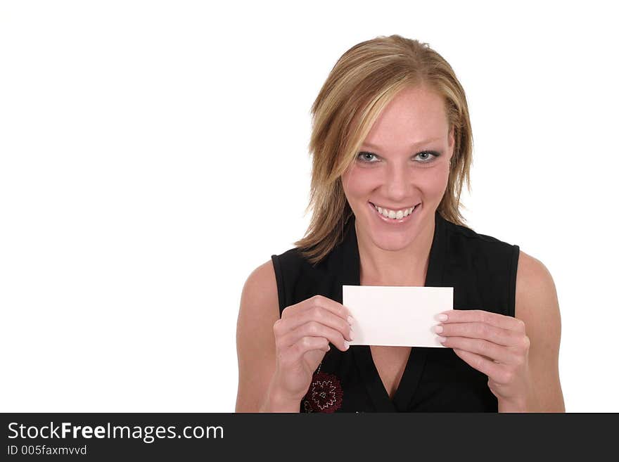 Attractive smiling business woman holding blank card with room for text. Attractive smiling business woman holding blank card with room for text.