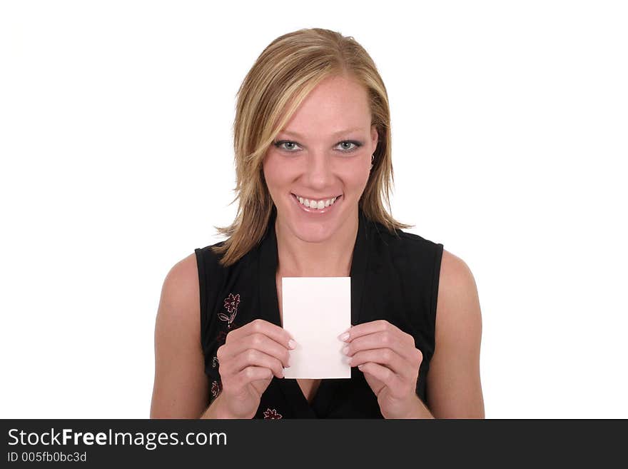 Attractive smiling business woman holding blank card with room for text. Attractive smiling business woman holding blank card with room for text.